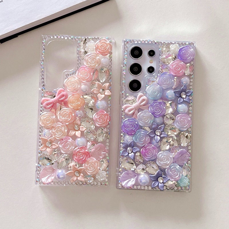Rhinestone Bow Flower Phone Case for Samsung Galaxy S25 S24 Ultra A15 Note20, Soft Edge Hard Acrylic Protective Cover - Image 2