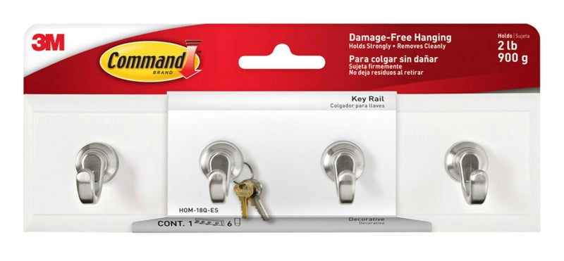 Command Command Key Rail, Holds up to 2 lb, 8-inch Rail with 4 Key Hooks and 6 Command Strips, Quartz, Removable Key Hooks for Entryway or Hallway, Hang Keys, Hats, Dog Leashes, and Accessories - Image 1