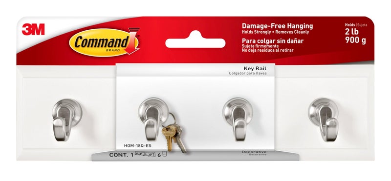 Command Command Key Rail, Holds up to 2 lb, 8-inch Rail with 4 Key Hooks and 6 Command Strips, Quartz, Removable Key Hooks for Entryway or Hallway, Hang Keys, Hats, Dog Leashes, and Accessories - Image 2