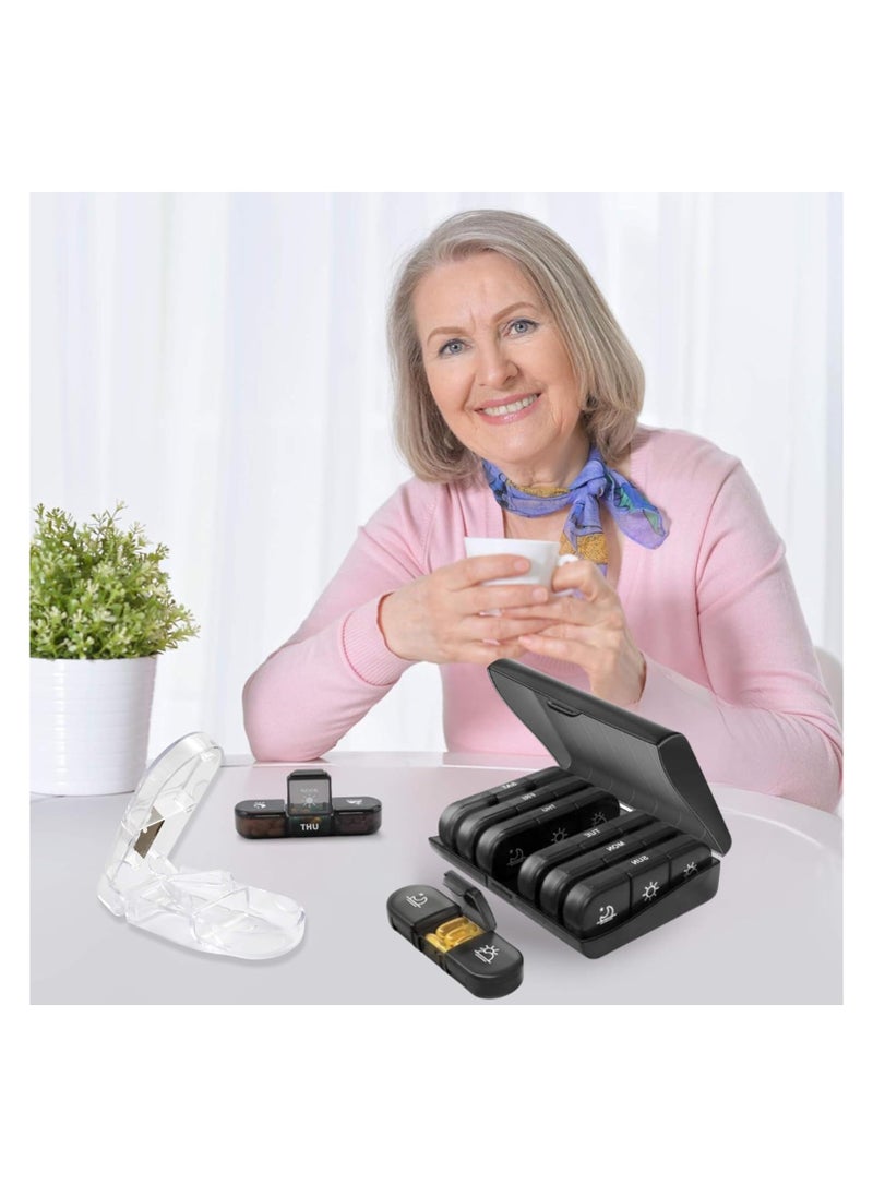 Weekly Pill Organizer 3 Times a Day with Pill Cutter Portable Travel Pill Box with Large Pill Containers Light-Proof Pill Case for Medication, Vitamins and Supplements(Pill box and Cutter)