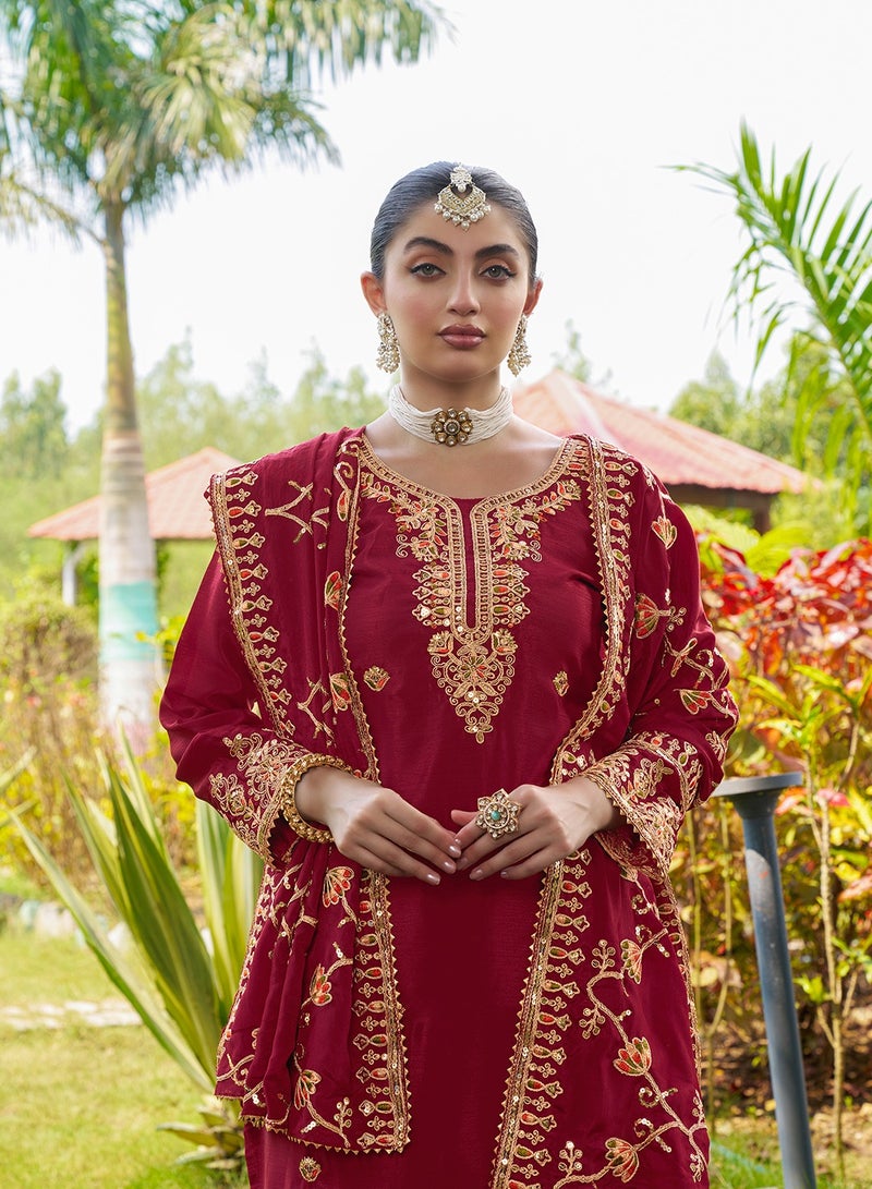 New Designer Embroidered Chinon Red Suit With Embroidered Work - Image 1