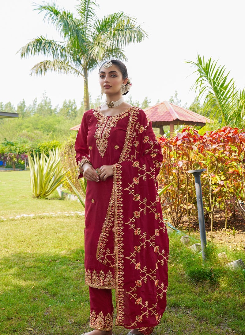 New Designer Embroidered Chinon Red Suit With Embroidered Work - Image 2