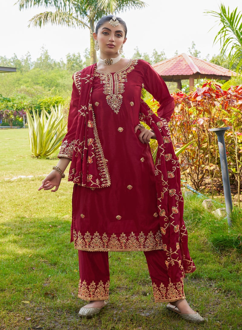 New Designer Embroidered Chinon Red Suit With Embroidered Work - Image 3