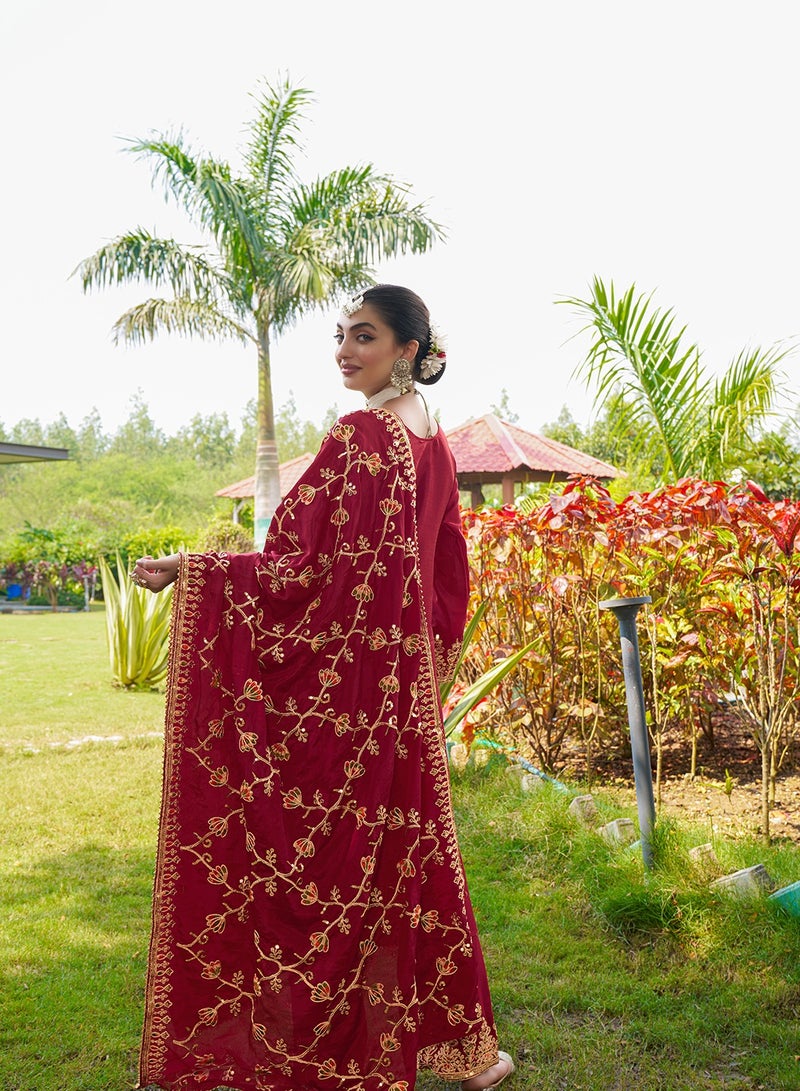 New Designer Embroidered Chinon Red Suit With Embroidered Work - Image 4