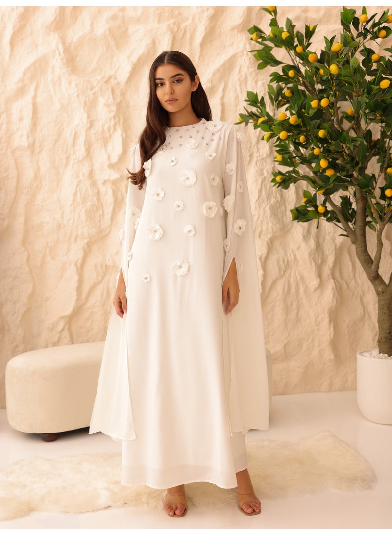 IKKXA Elegant Jalabiya 3D flowers Crystal Details Royal Sleeves IK6022 White - Image 1