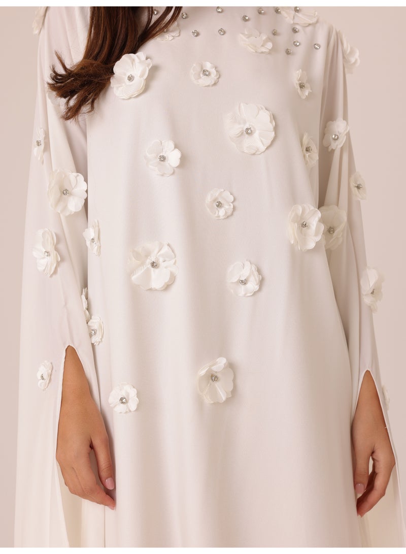 IKKXA Elegant Jalabiya 3D flowers Crystal Details Royal Sleeves IK6022 White - Image 2