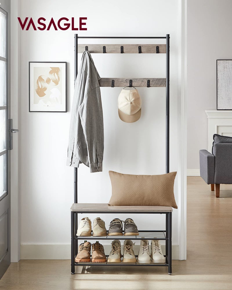 VASAGLE Coat Rack, Hall Tree with Shoe Storage Bench, Entryway Bench with Shoe Storage, 3-in-1, Steel Frame, for Entryway, 12.6 x 27.6 x 68.9 Inches, Industrial, Greige and Black UHSR41MB - Image 2