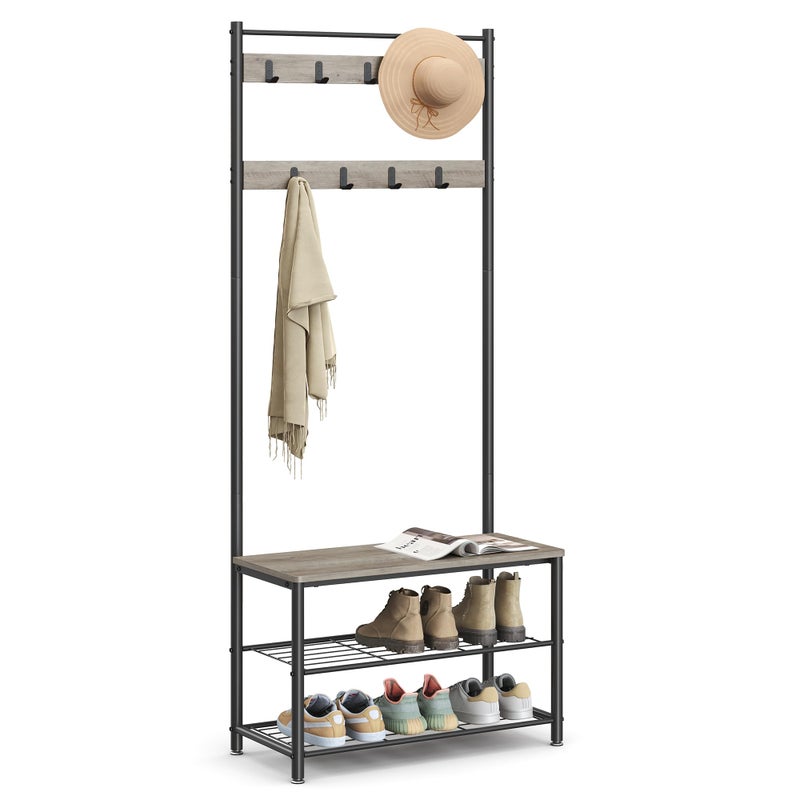 VASAGLE Coat Rack, Hall Tree with Shoe Storage Bench, Entryway Bench with Shoe Storage, 3-in-1, Steel Frame, for Entryway, 12.6 x 27.6 x 68.9 Inches, Industrial, Greige and Black UHSR41MB - Image 1
