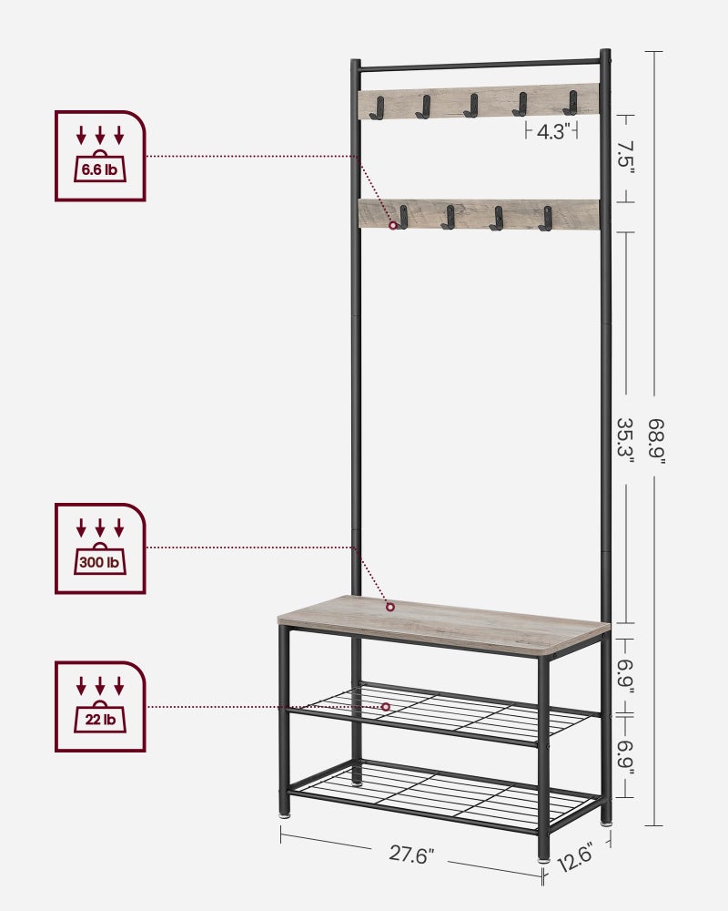 VASAGLE Coat Rack, Hall Tree with Shoe Storage Bench, Entryway Bench with Shoe Storage, 3-in-1, Steel Frame, for Entryway, 12.6 x 27.6 x 68.9 Inches, Industrial, Greige and Black UHSR41MB - Image 5