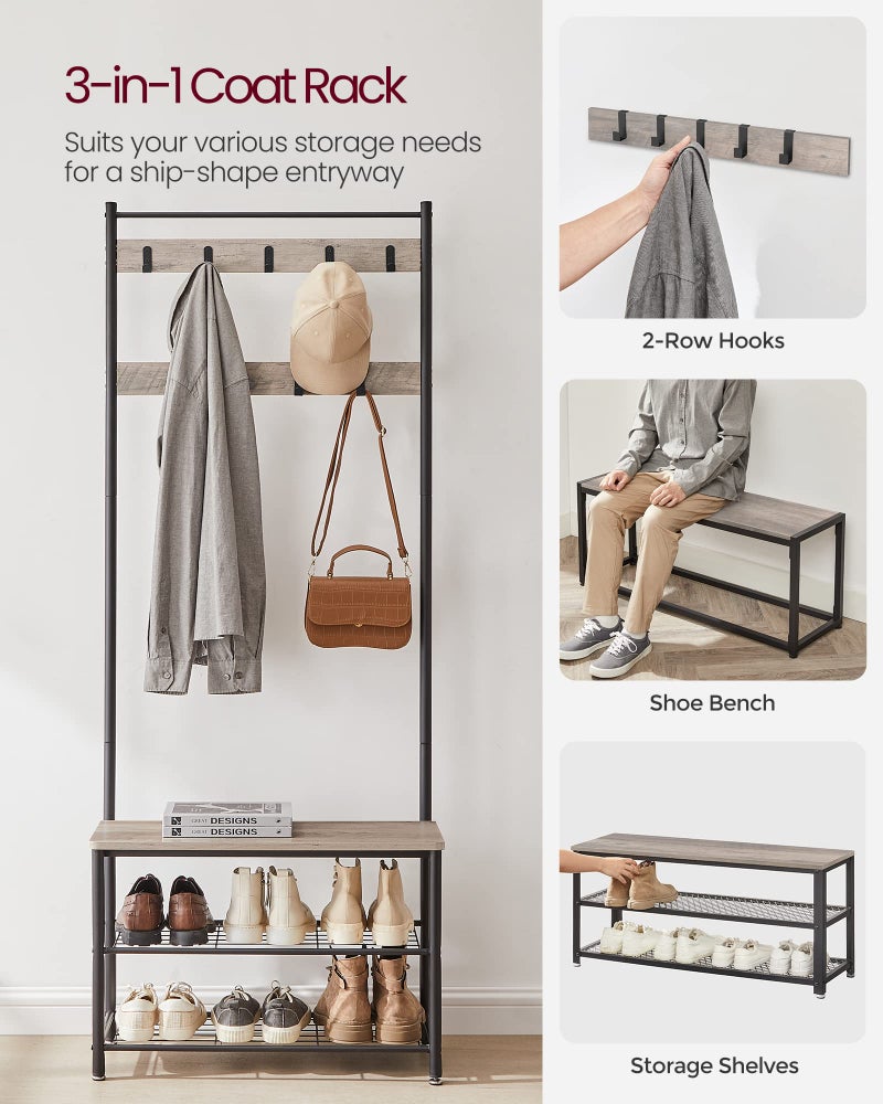 VASAGLE Coat Rack, Hall Tree with Shoe Storage Bench, Entryway Bench with Shoe Storage, 3-in-1, Steel Frame, for Entryway, 12.6 x 27.6 x 68.9 Inches, Industrial, Greige and Black UHSR41MB - Image 3