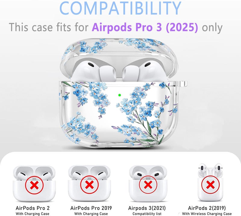 Wonjury Clear Case Compatible with AirPods Pro 3 Generation 2025 Cover with Keychain Cleaner Kit Tool, Wonjury Flower Print Skin Soft Cover for AirPods Pro 3 Case Full Protection,Front LED Visible - Image 2