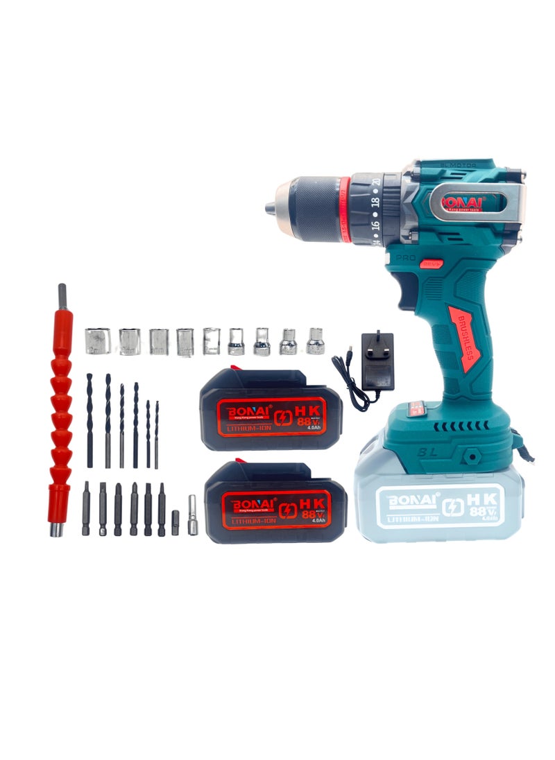 BONAI BONAI 88VF Cordless Brushless Impact Drill, 2-Speed Power Drill Driver Kit, 50-60Nm Torque, 13mm Keyless Chuck, Li-Ion Battery & Charger, Electric Screwdriver for Wood/Metal/Plastic  - Image 1