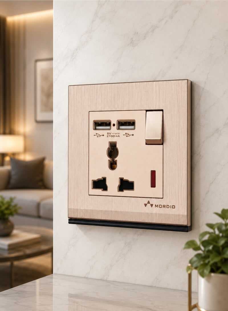 13A Universal USB Wall Socket 3x3 Inch | Universal Power Outlet with Dual USB Charging Ports | 13 Amp Switched Socket | 5V 2100mA USB Charger | Premium Modular Electrical Socket | Champagne Gold - Image 4