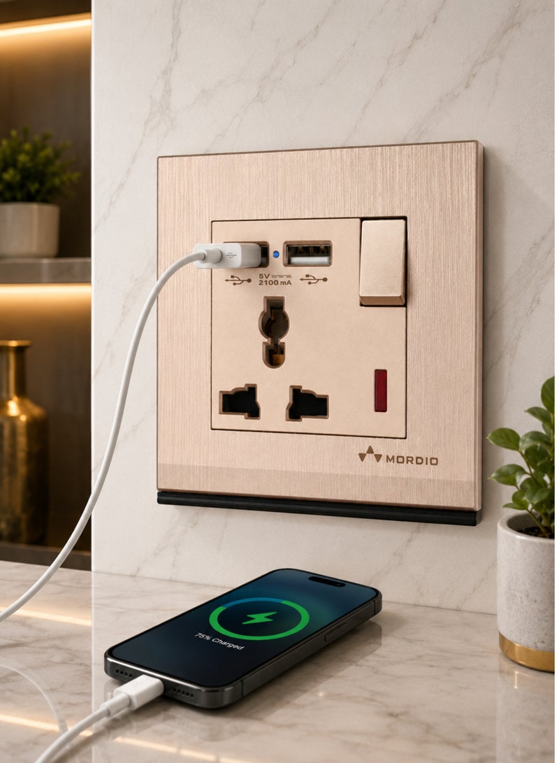 13A Universal USB Wall Socket 3x3 Inch | Universal Power Outlet with Dual USB Charging Ports | 13 Amp Switched Socket | 5V 2100mA USB Charger | Premium Modular Electrical Socket | Champagne Gold - Image 5