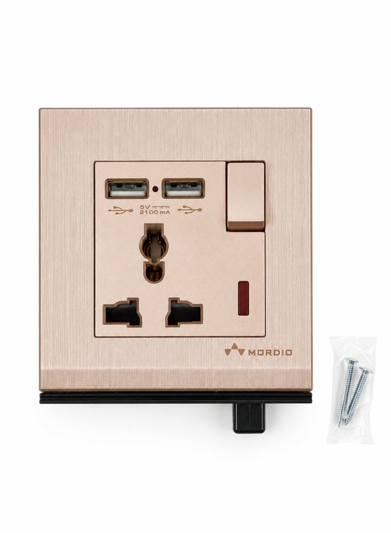 13A Universal USB Wall Socket 3x3 Inch | Universal Power Outlet with Dual USB Charging Ports | 13 Amp Switched Socket | 5V 2100mA USB Charger | Premium Modular Electrical Socket | Champagne Gold - Image 2