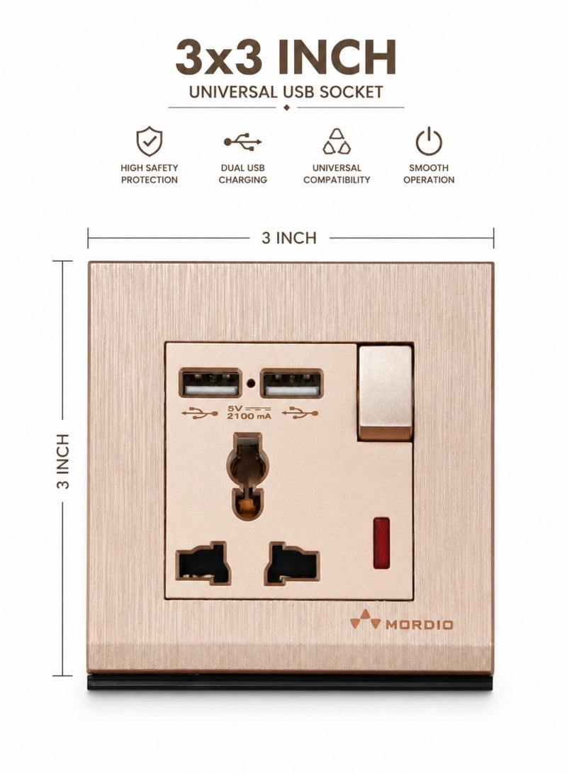 13A Universal USB Wall Socket 3x3 Inch | Universal Power Outlet with Dual USB Charging Ports | 13 Amp Switched Socket | 5V 2100mA USB Charger | Premium Modular Electrical Socket | Champagne Gold - Image 1