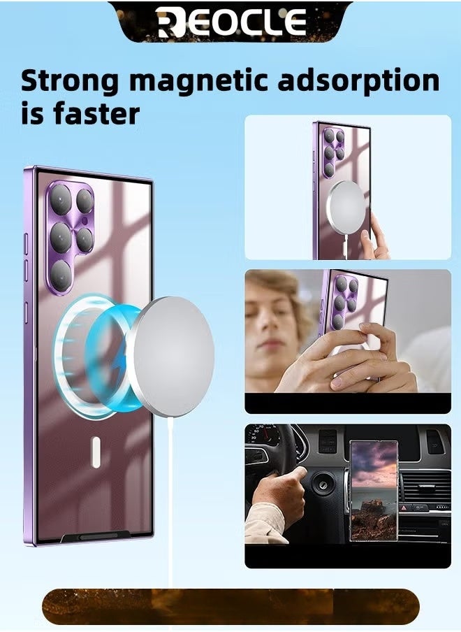 REOCLE Samsung S22Ultra Mobile Phone Case Drop-Resistant Metal Shell Frosted Semi-Transparent Mobile Phone Case Full Protection Plating Anti-Scratch Slim Thin Case Cover with Magnetic Suction Function and Camera Lens Protector - Image 3