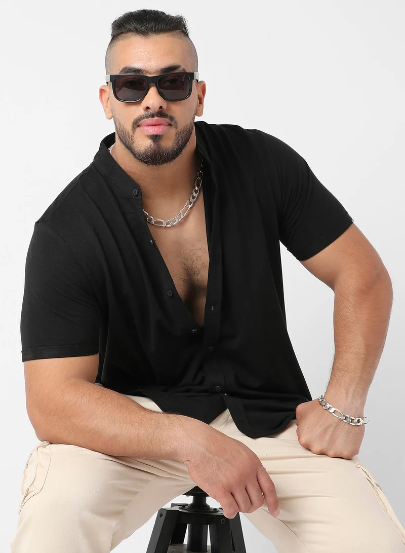 انستافاب بلس Men's Jet Black Basic Button-Up Shirt For Casual Wear | Mandarin Collar | Short Sleeve | Button Closure | Shirt Crafted With Comfort Fit For Everyday Wear