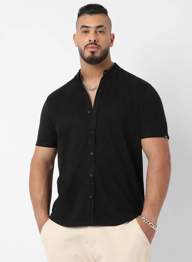 انستافاب بلس Men's Jet Black Basic Button-Up Shirt For Casual Wear | Mandarin Collar | Short Sleeve | Button Closure | Shirt Crafted With Comfort Fit For Everyday Wear
