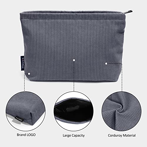 MAANGE Small Makeup Bag For Purse, Travel Cosmetic Bag Makeup Pouch Corduroy Portable Versatile Zipper Pouch For Women(GRAY) - Image 3
