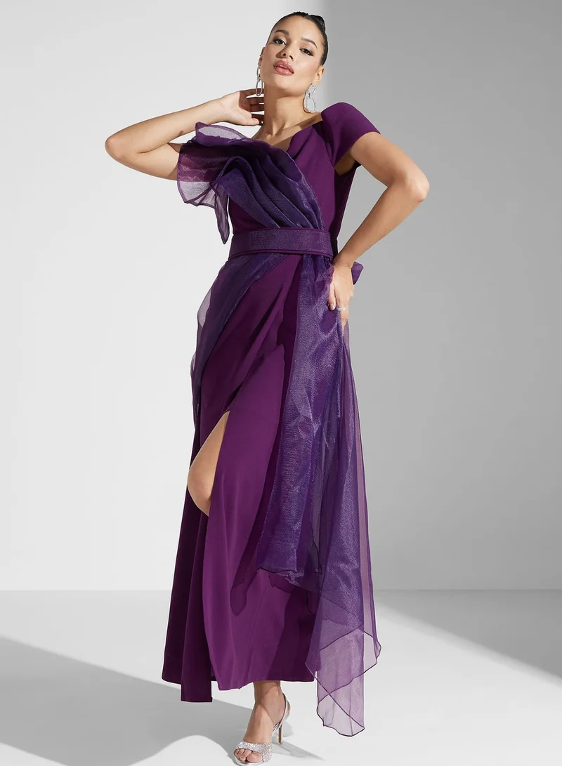 Iyra Bardot Mesh Tiered Dress