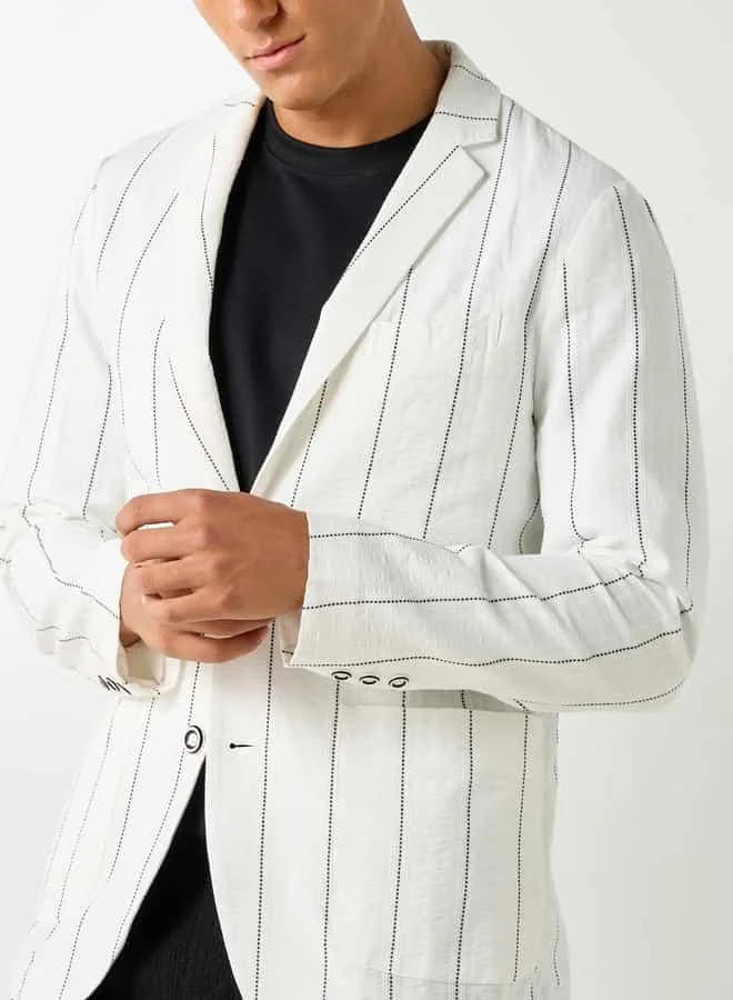 Iconic Iconic Seersucker Striped Blazer with Button Closure and Long Sleeves
