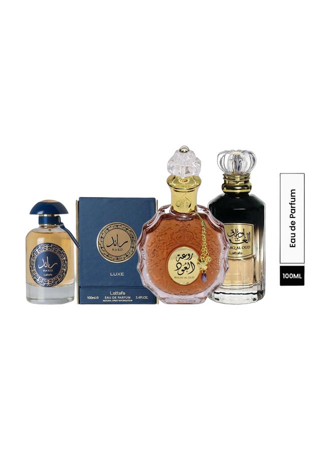 Lattafa رايد لوكس عطر 100 مل، رائحة العود عطر 100 مل، وأوراق العود 100 مل - Image 1