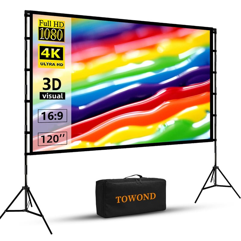 TOWOND Outdoor Projector Screen with stand, 120 inch Portable Movie Screen - 16:9 4K HD Foldable Anti-Crease Projection Screen with Carry Bag for Movie Nights, Camping and Parties Support Double Sided - Image 1