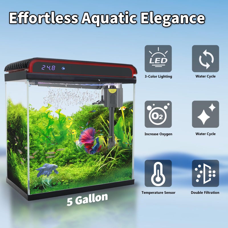 COOSPIDER Glass 5 Gallon Fish Tank Aquarium - Smart Self-Cleaning Starter Kit with 3-Color LED Light, Ultra Quiet Pump & Filter, Temperature Monitoring for Betta Fish and Shrimp - Image 2