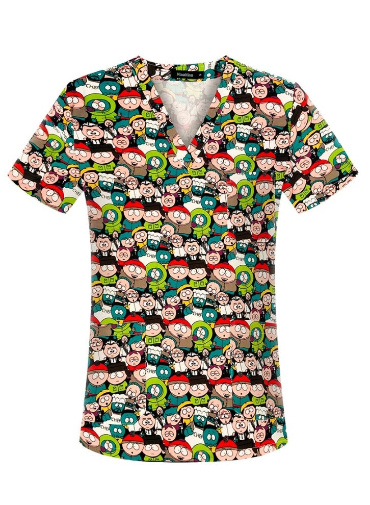 Loquat Cartoon Printed V-Neck Medical Uniform Scrubs Top Comfty Soft Workwear