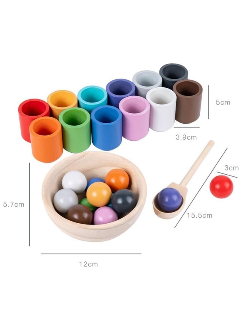 12 Color Balls Sorting Toys, Wooden Montessori Toys Color Sorter Balls in Cups Matching Toys Cognitive Early Learning Toys for Kids Toddlers 1-3Year - Image 2