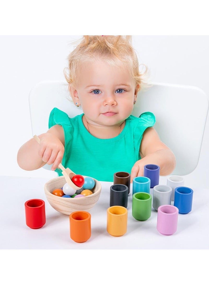 12 Color Balls Sorting Toys, Wooden Montessori Toys Color Sorter Balls in Cups Matching Toys Cognitive Early Learning Toys for Kids Toddlers 1-3Year - Image 3