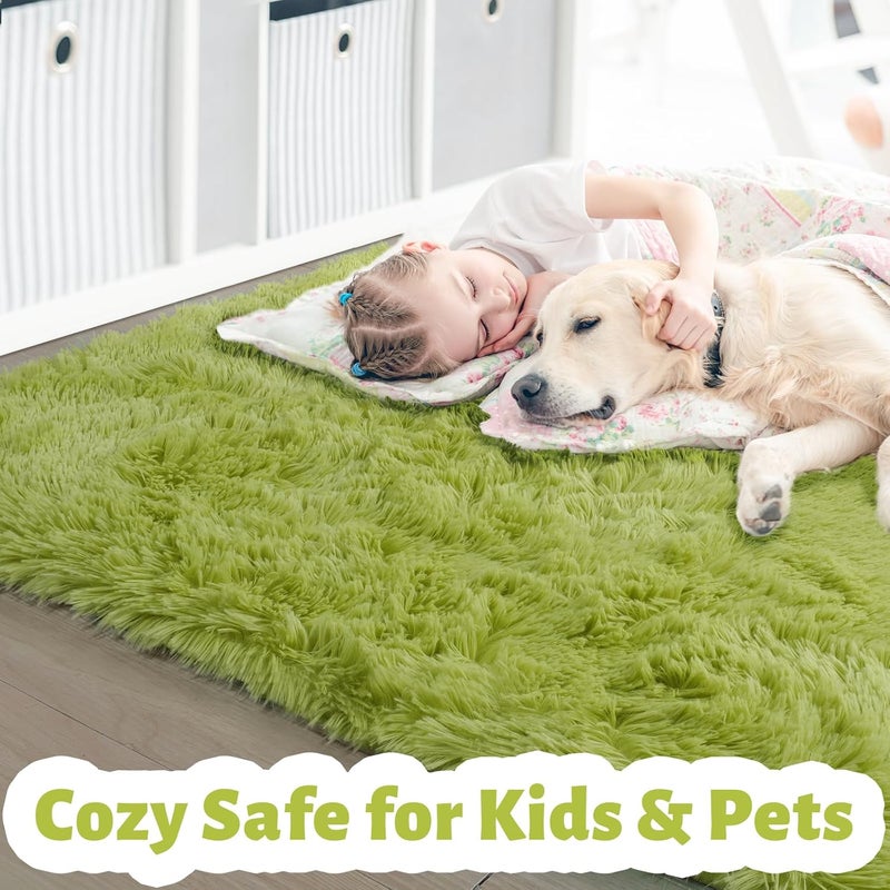 Amdrebio Grass Green Area Rug for Bedroom,4'X6',Fluffy Shag for Living Room,Furry Carpet for Kids Room,Shaggy Throw Rug for Nursery Room,Fuzzy Plush Rug,Green,Rectangle,Cute Room Decor for Baby - Image 2
