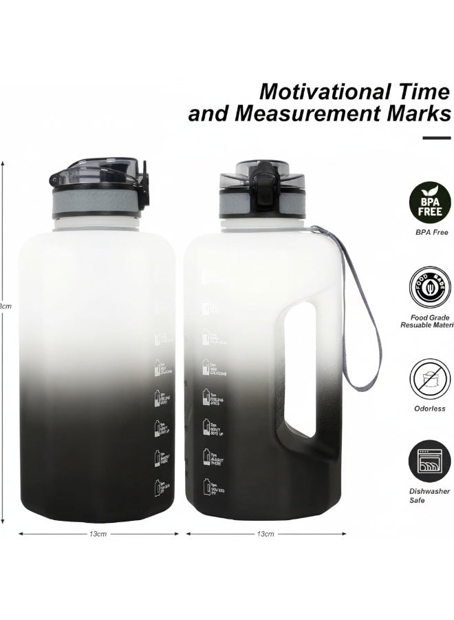 DEXO زجاجة ماء 2.2 لتر مع مقبض وقشة، 74 أوقية، زجاجة رياضية كبيرة خالية من BPA، مقاومة للتسرب، تحفيزية للشرب للصالة، يوغا، خارجي، تخييم – تدرج أسود أبيض - Image 4