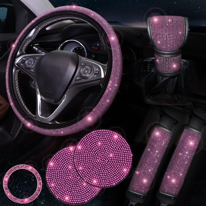 ToBeQueen 7 Pack Bling Car Accessories Set for Women Girl Diamond Steering Wheel Cover Set 15 inchSeat Belt CushionGear Shift Cover Pink Bling RingCar CoastersPink