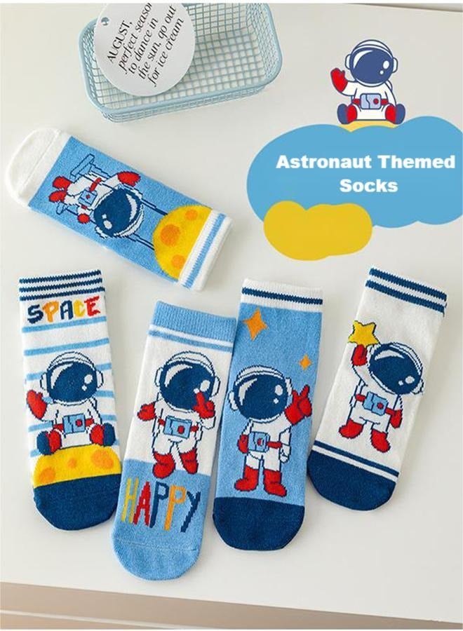5 Pairs Of Boys' Children's Socks, Interesting And Novel Cartoon Space Astronaut Theme Cotton Socks, Casual Outer Wear Socks, Boys' Cotton Socks 3-5 Years Old  - Image 1