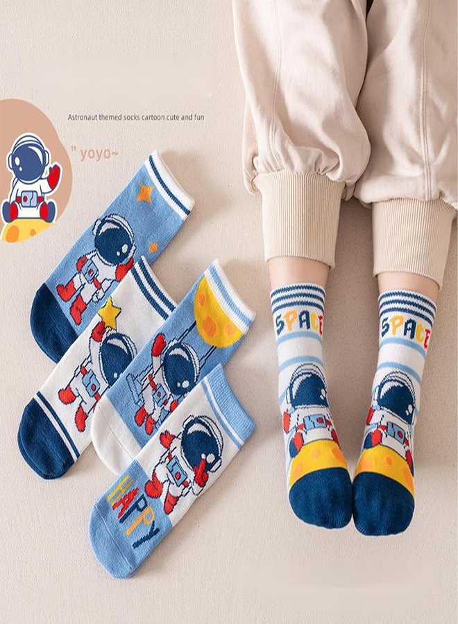 5 Pairs Of Boys' Children's Socks, Interesting And Novel Cartoon Space Astronaut Theme Cotton Socks, Casual Outer Wear Socks, Boys' Cotton Socks 3-5 Years Old  - Image 3