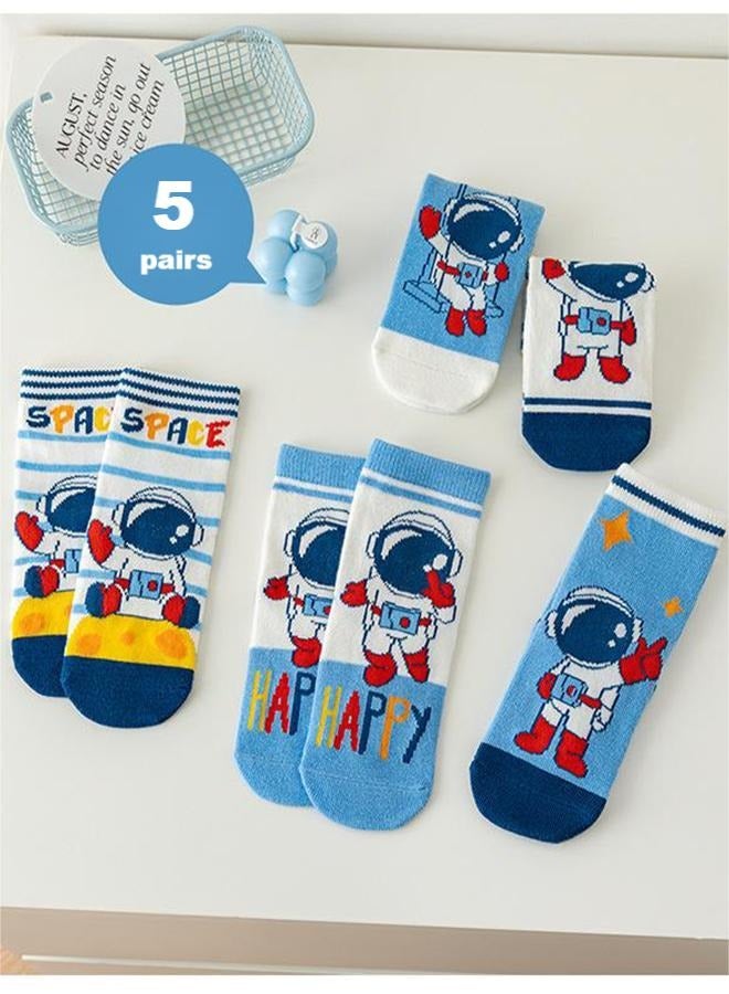 5 Pairs Of Boys' Children's Socks, Interesting And Novel Cartoon Space Astronaut Theme Cotton Socks, Casual Outer Wear Socks, Boys' Cotton Socks 3-5 Years Old  - Image 2