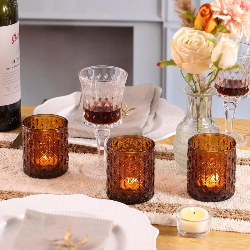 MATAHUM 8Pcs Large Votive Candle Holders Amber Tea Light Candle Holders Glass Candle Holder for Wedding, Bridal Shower,Table Centerpiece,Party, Home Decor, Fall Decor - Image 3
