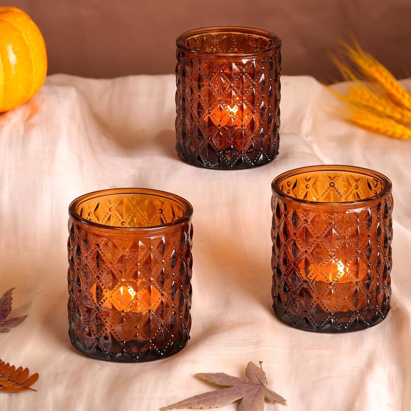 MATAHUM 8Pcs Large Votive Candle Holders Amber Tea Light Candle Holders Glass Candle Holder for Wedding, Bridal Shower,Table Centerpiece,Party, Home Decor, Fall Decor - Image 5