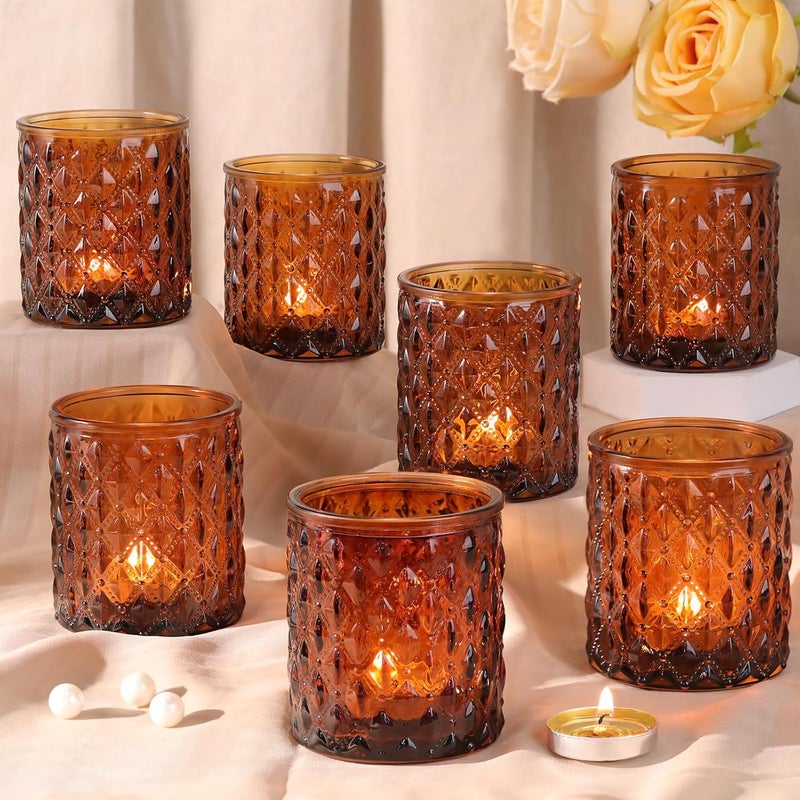 MATAHUM 8Pcs Large Votive Candle Holders Amber Tea Light Candle Holders Glass Candle Holder for Wedding, Bridal Shower,Table Centerpiece,Party, Home Decor, Fall Decor - Image 1