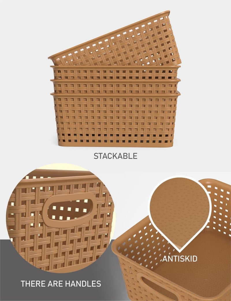 WYT 6-Pack Plastic Small Shelf Storage Weave Baskets Organizing for Cabinets and Pantries, Light Brown - Image 3