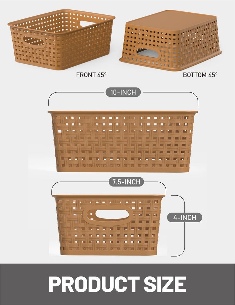WYT 6-Pack Plastic Small Shelf Storage Weave Baskets Organizing for Cabinets and Pantries, Light Brown - Image 2