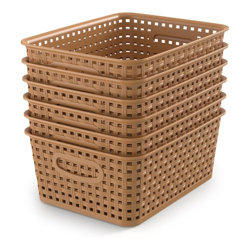 WYT 6-Pack Plastic Small Shelf Storage Weave Baskets Organizing for Cabinets and Pantries, Light Brown - Image 1