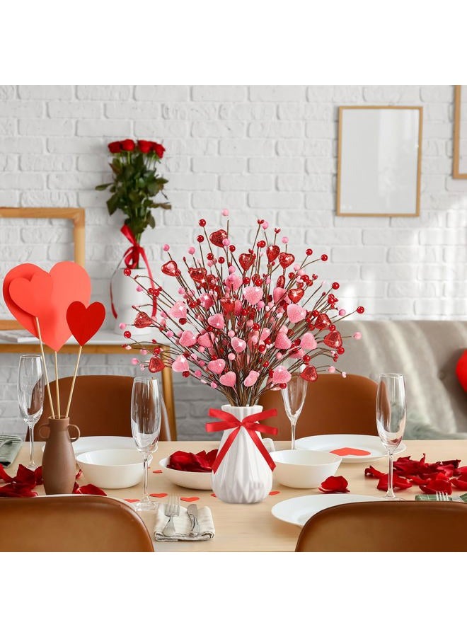 Sggvecsy Valentine's Day Gifts 12 Pcs Glittery Heart Shaped Berry Picks Shining Artificial Red Heart Berry Twig Stem Branches with 2 Rolls of Ribbon for Valentine's Day Anniversary Bouquets Wedding Home Decor - Image 3