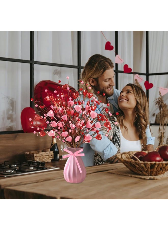 Sggvecsy Valentine's Day Gifts 12 Pcs Glittery Heart Shaped Berry Picks Shining Artificial Red Heart Berry Twig Stem Branches with 2 Rolls of Ribbon for Valentine's Day Anniversary Bouquets Wedding Home Decor - Image 2