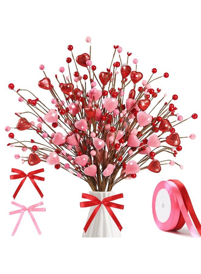 Sggvecsy Valentine's Day Gifts 12 Pcs Glittery Heart Shaped Berry Picks Shining Artificial Red Heart Berry Twig Stem Branches with 2 Rolls of Ribbon for Valentine's Day Anniversary Bouquets Wedding Home Decor - Image 1