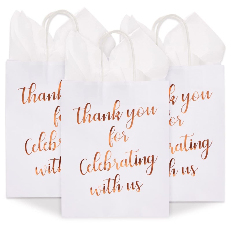 Sparkle and Bash 15Pack Medium Sized Gift Bags with Tissue Paper for Wedding Rose Gold Foil Thank You for Celebrating With Us Bags with Handles Kraft Paper 10 x 8 x 4 Inches