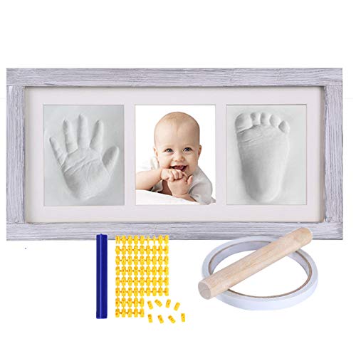 nuaele Baby Hand & Footprint Kit, Newborn Keepsake Box in Rustic Farmhouse Frame, Clay Casting Kit for Baby Shower Gifts, Boys & Girls - Baby Nursery Decor - Bonus Stencil Included (Grey) - Image 1
