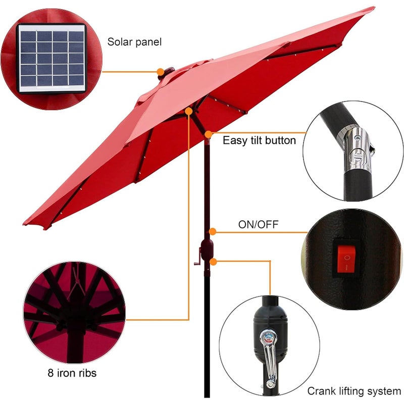 Blissun 9 ft Solar Umbrella, 32 LED Lighted Patio Umbrella, Table Market Umbrella, Outdoor Umbrella for Garden, Deck, Backyard, Pool and Beach (Red) - Image 2